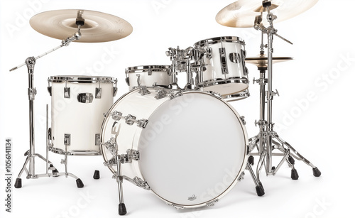 White Drum Kit on Isolated Background: A clean, classic white drum set with cymbals, isolated against a plain white background, perfect for music and performance themes.
 photo