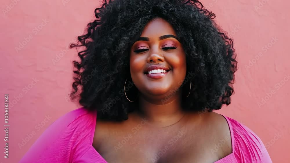 A woman with curly hair smiles in front of a pink wall A woman with curly hair smiles in front of a pink wall