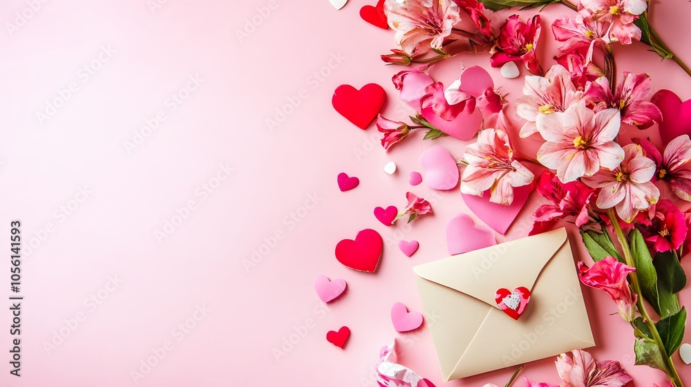 Pink flowers and hearts on a pink background with a love letter. Pink flowers and hearts on a pink background with a love letter.