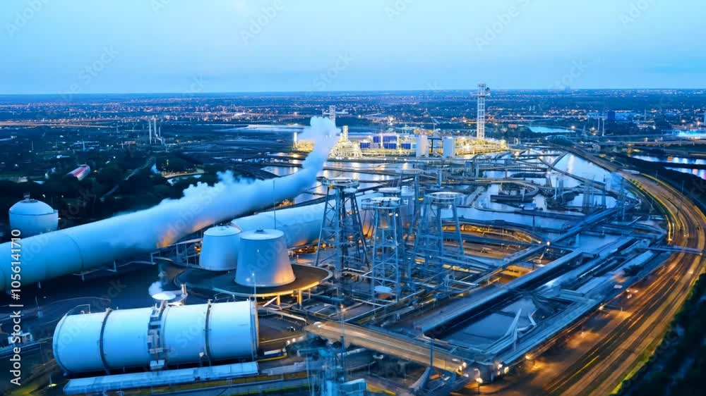 city factory river Shot high lapse oil hyper 4K background refinery resolution night Aerial drone plant skyline industry industrial building landscape sky business tower power light architecture chem