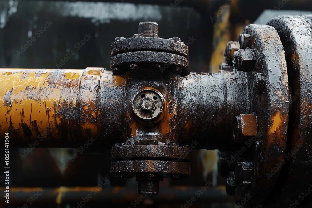 Rusty industrial pipe detail in an abandoned warehouse showing time's impact. Generative AI Rusty industrial pipe detail in an abandoned warehouse showing time's impact. Generative AI