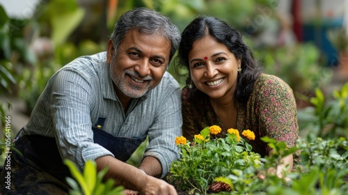 Happy Middle-Aged Indian Couple in Garden Portrait