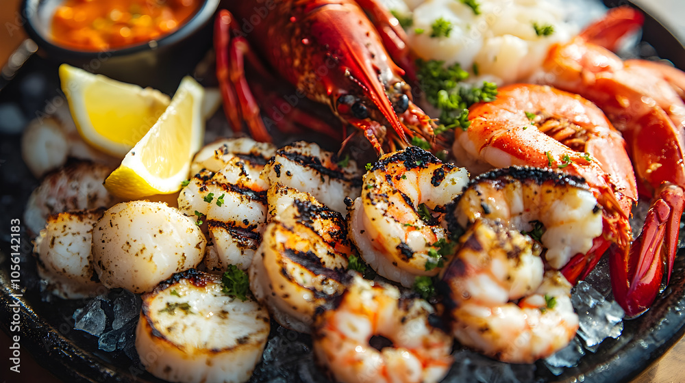 A platter of grilled seafood with lobster, shrimp, and scallops on ice. A platter of grilled seafood with lobster, shrimp, and scallops on ice.