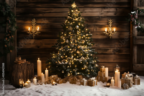 Rustic Christmas Tree with Gifts and Candles photo