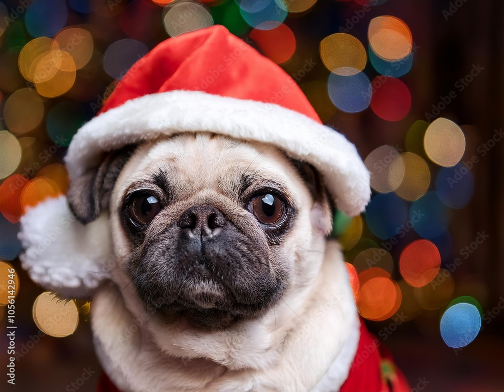 Cute Pug dressed in a Santa Claus costume with colorful lights in the background, Christmas pets Cute Pug dressed in a Santa Claus costume with colorful lights in the background, Christmas pets