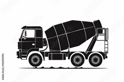 Side view of a concrete mixer icon presented in a sleek black silhouette, isolated against a pure