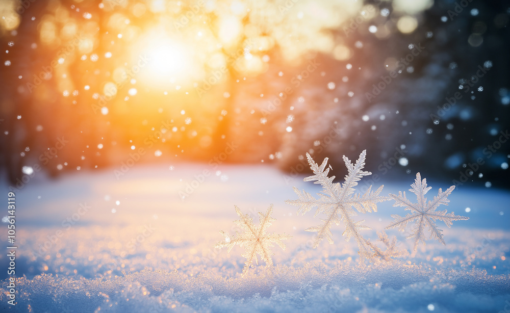 Winter Scene with Snowflakes and Sunset Glow: A beautiful winter scene with delicate snowflakes on the ground and a warm sunset glow in the background, capturing a serene, magical atmosphere. Winter Scene with Snowflakes and Sunset Glow: A beautiful winter scene with delicate snowflakes on the ground and a warm sunset glow in the background, capturing a serene, magical atmosphere.