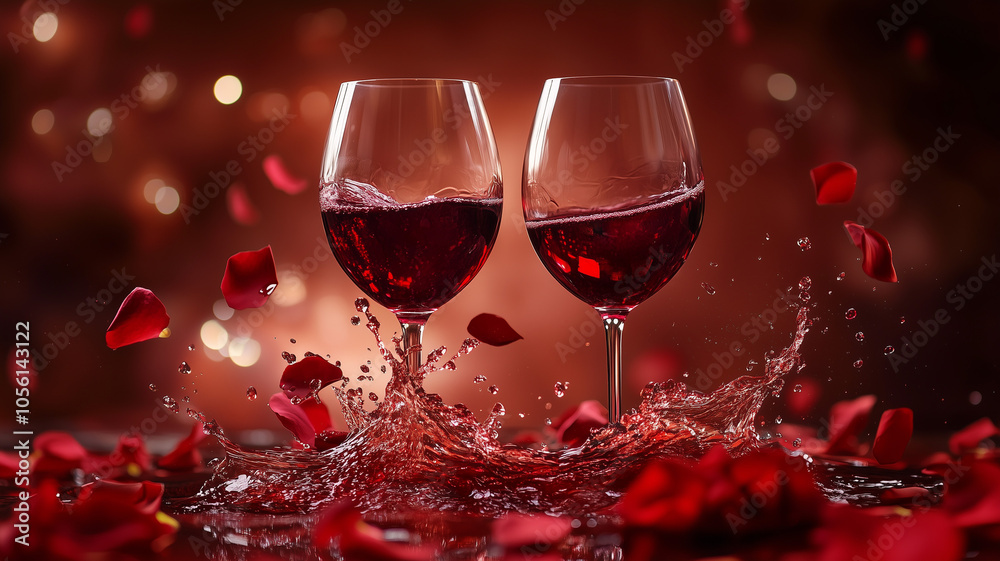 A romantic setting with two wine glasses clinking together with a wave of red wine splashing between them A romantic setting with two wine glasses clinking together with a wave of red wine splashing between them