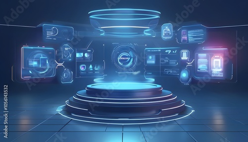 Futuristic 3D Podium with HUD Elements

