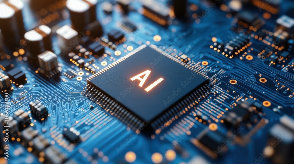 Close-Up of Illuminated AI Chip on a Modern Circuit Board