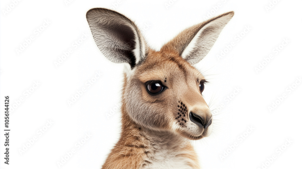 Portrait of a Young Kangaroo with Detailed Fur Texture and Curious Expression. Isolated on Clean White Background. Image Made Using Generative AI