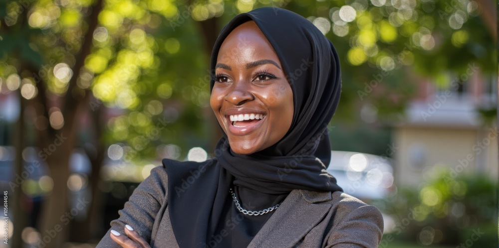 Young African-American Woman Smiling in a Black Hijab, Relaxing in a Park Young African-American Woman Smiling in a Black Hijab, Relaxing in a Park