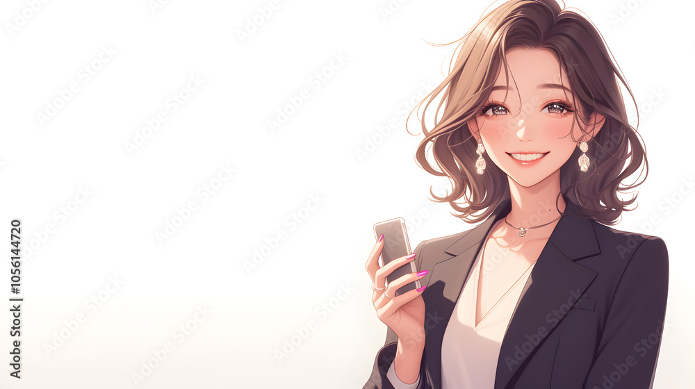 A smiling woman with brown hair and a white shirt is holding a silver phone in her right hand with pink nail polish. She is wearing a black blazer and a black necklace. A smiling woman with brown hair and a white shirt is holding a silver phone in her right hand with pink nail polish. She is wearing a black blazer and a black necklace.