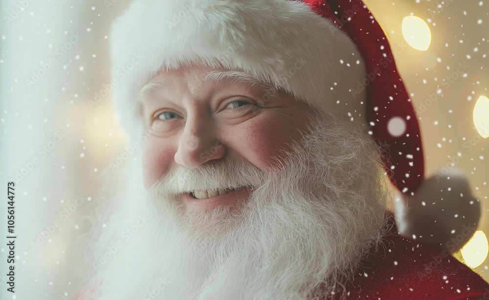 Smiling Santa Claus with Bokeh Lights: Close-up of a cheerful Santa Claus with a classic red suit and white beard, smiling warmly against a festive bokeh background. Smiling Santa Claus with Bokeh Lights: Close-up of a cheerful Santa Claus with a classic red suit and white beard, smiling warmly against a festive bokeh background.