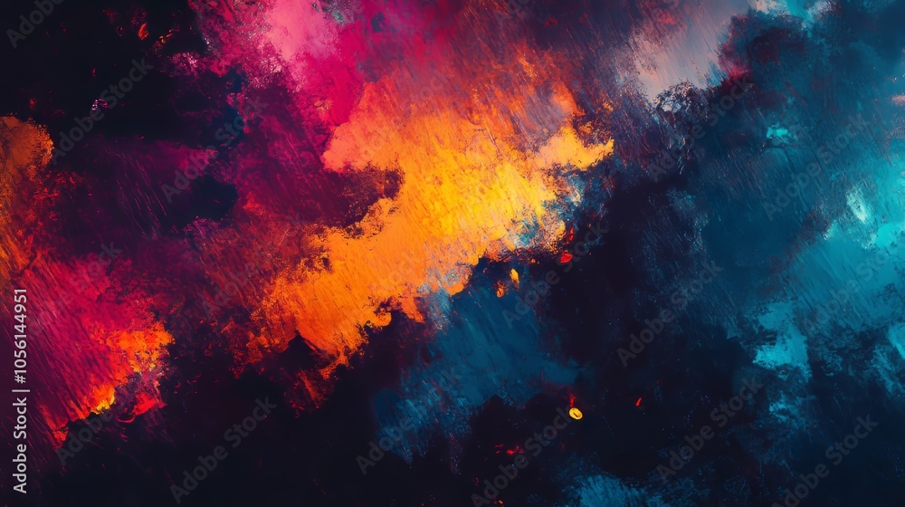 A vivid abstract painting with fiery red, orange, and soothing blue colors blending together, creating a dynamic and energetic visual experience for the observer.
