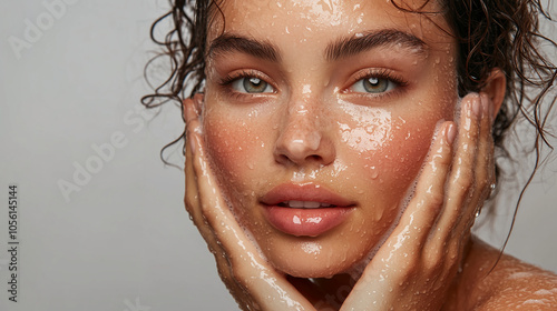 A woman with wet hair and skin looks at the camera with her hands on her face