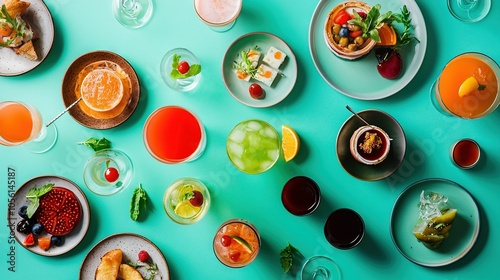  A blue surface holds plates and bowls full of various food and drink types