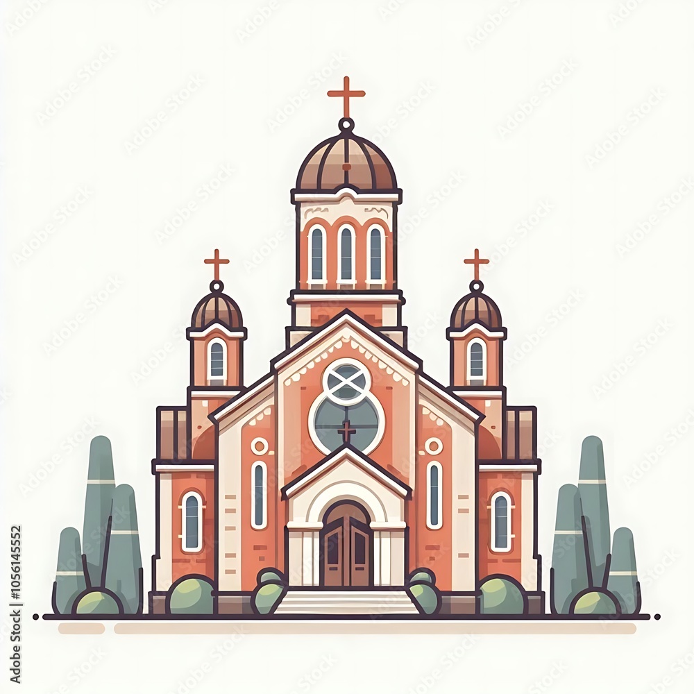 Fototapeta premium Flat, isolated illustration of a traditional church with a tall steeple and cross on top. Simple design with clean lines and neutral colors, ideal for religious or architectural themes.