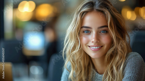 Portrait of a young woman with blonde hair, smiling warmly, indoors with a blurred background