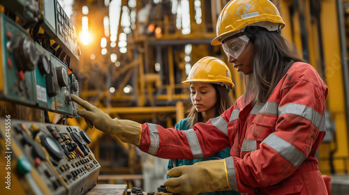 Female engineers in safety gear operating heavy machinery at industrial plant photo