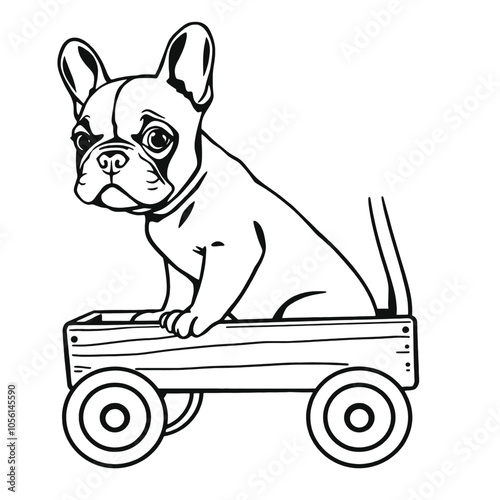 a black and white line drawing of a French Bulldog puppy sitting in a toy wagon