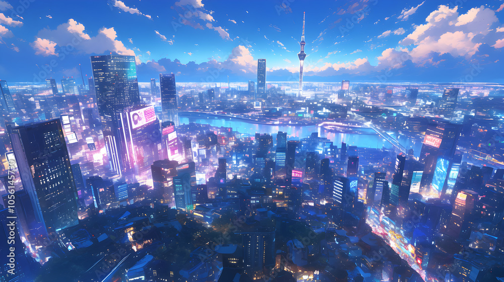 A stunning cityscape with towering skyscrapers, a winding river, and a vibrant skyline.