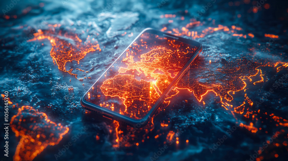 Smartphone showing a glowing world map with digital connections on a dark background, symbolizing global connectivity and technology Smartphone showing a glowing world map with digital connections on a dark background, symbolizing global connectivity and technology