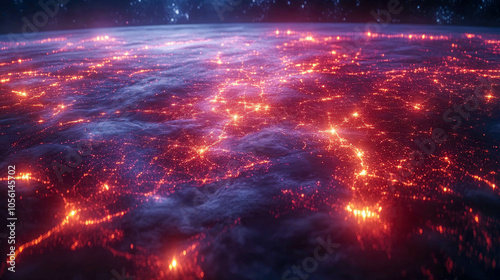 Aerial view of illuminated global trade routes showing digital connectivity and worldwide network of communication