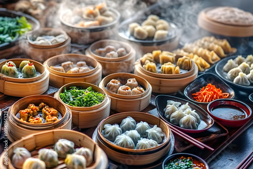 A variety of steamed dumplings (dim sum) on a table, with chopsticks and dipping sauces.