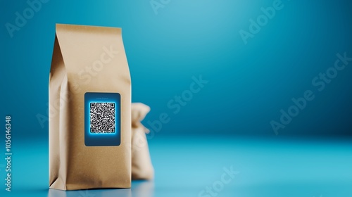 A sleek brown paper bag with a QR code against a vibrant blue backdrop, ideal for packaging and technology themes. photo