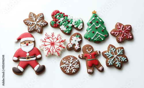 Decorated Christmas Cookies Collection: A festive assortment of Christmas cookies shaped like Santa, snowflakes, gingerbread men, and trees, decorated with colorful icing.
 photo