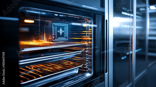 Close-up view of a modern oven, showcasing sleek design and glowing interior, perfect for kitchen technology enthusiasts.