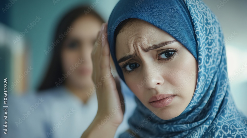 A young woman in a hijab looks worried and stressed, with another woman out of focus in the background. A young woman in a hijab looks worried and stressed, with another woman out of focus in the background.