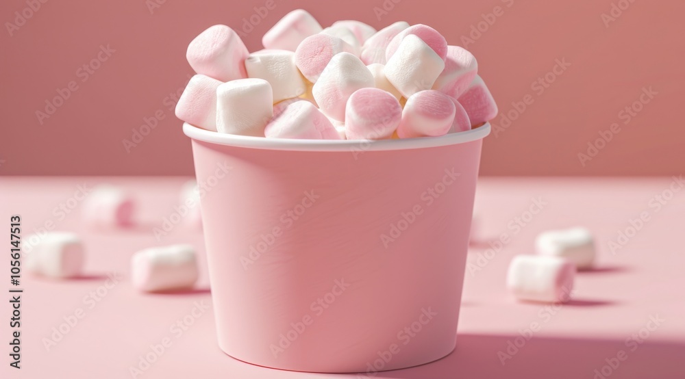 Pink cup with marshmallows on a pastel isolated background, in a minimalistic style. Girly scene with part atmosphere. Girls room. marshmallows on table on a white surface, mass-produced objects Pink cup with marshmallows on a pastel isolated background, in a minimalistic style. Girly scene with part atmosphere. Girls room. marshmallows on table on a white surface, mass-produced objects