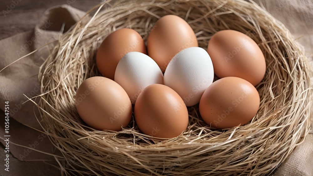 Fresh eggs in a natural straw nest, with a mix of brown and white shells Fresh eggs in a natural straw nest, with a mix of brown and white shells