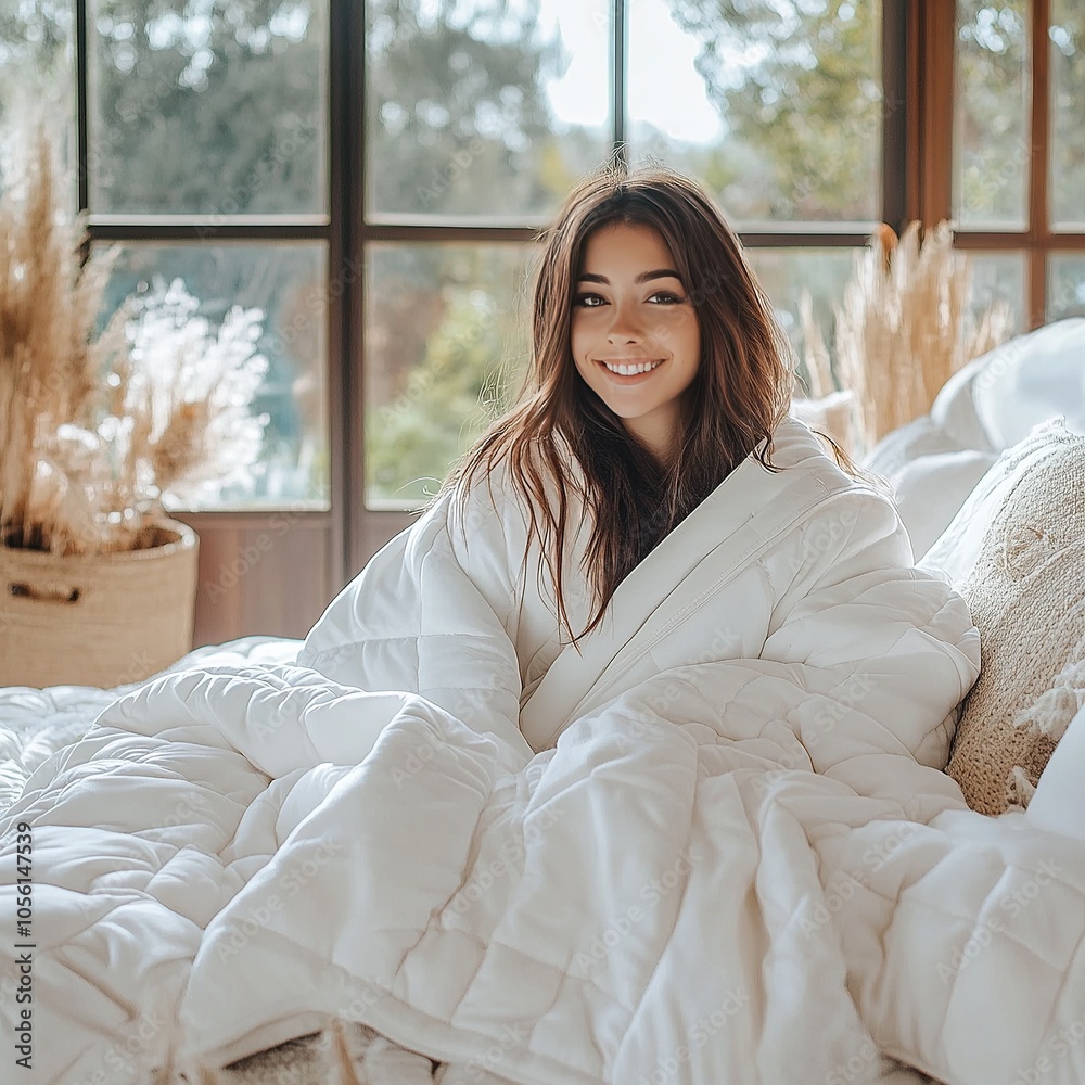Woman smiling in cozy white duvet blanket near bright window.