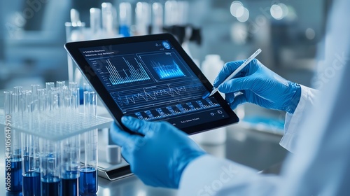 Obraz na płótnie A scientist using a tablet in a laboratory, analyzing data on a digital screen with test tubes in the background. w salonie