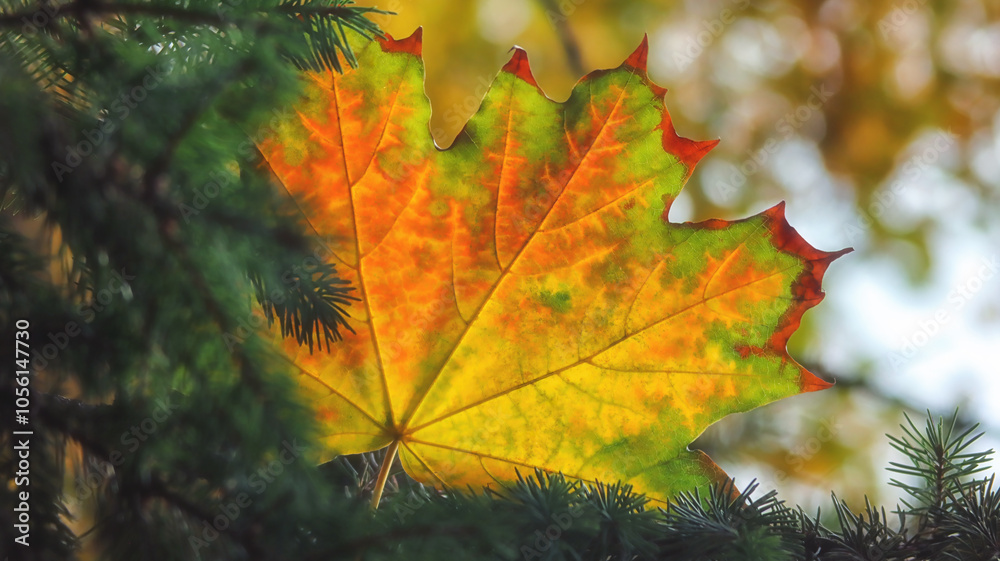 yellow maple leaf on the background of coniferous branches and autumn bokeh of nature yellow maple leaf on the background of coniferous branches and autumn bokeh of nature