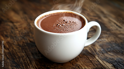 Warm cup of cocoa in a white mug with a soft ambiance