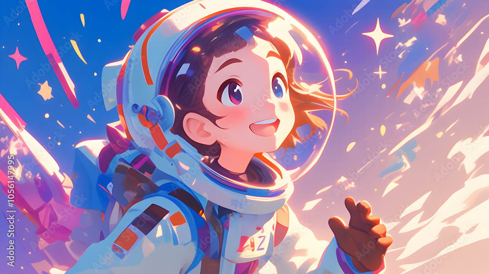 Obraz premium A young girl astronaut smiles with wonder as she floats through a galaxy of colorful stars.