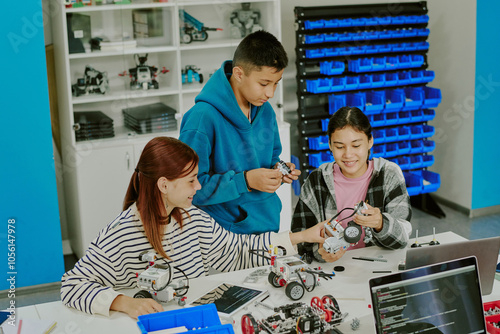 High angle shot of classmates making robot on wheels together during robotics lesson at school