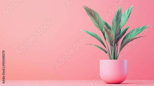Minimalist green plant in a pink pot against a pastel background