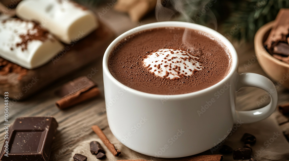 Warm cup of cocoa in a white mug with soft ambiance Warm cup of cocoa in a white mug with soft ambiance