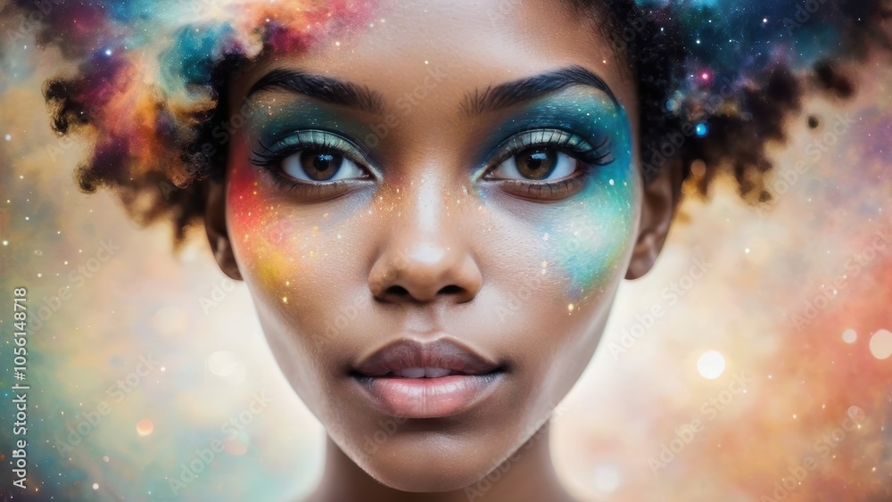 Cosmic Close-Up of Woman with Celestial Makeup and Vibrant Eyes Cosmic Close-Up of Woman with Celestial Makeup and Vibrant Eyes