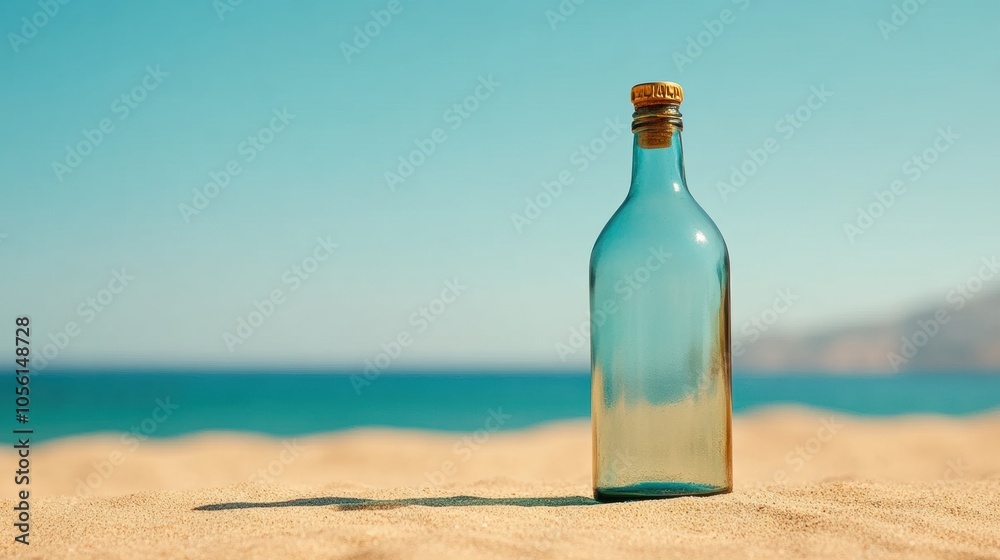 Glass bottle on sandy beach with clear blue sky and ocean in the background, AI Glass bottle on sandy beach with clear blue sky and ocean in the background, AI