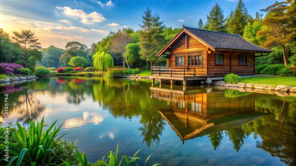 Peaceful pond landscape with a charming traditional wooden house , nature, water, reflection, peaceful Peaceful pond landscape with a charming traditional wooden house , nature, water, reflection, peaceful