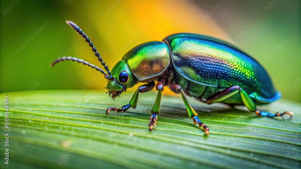 Low angle view of a shiny beetle crawling on a green leaf in Indonesia, beetle, insect, bug, close-up, nature, wildlife Low angle view of a shiny beetle crawling on a green leaf in Indonesia, beetle, insect, bug, close-up, nature, wildlife
