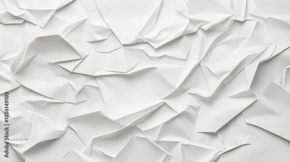 Close-up of a crumpled white paper background with textures and folds creating a chaotic and abstract pattern. Close-up of a crumpled white paper background with textures and folds creating a chaotic and abstract pattern.