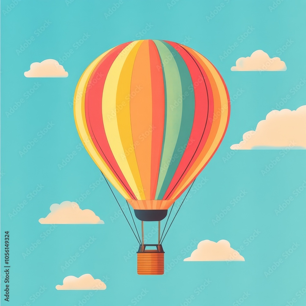 Fototapeta premium A vintage-inspired hot air balloon with muted color tones floats gracefully in a retro-themed blue sky, representing classic adventure and nostalgia.