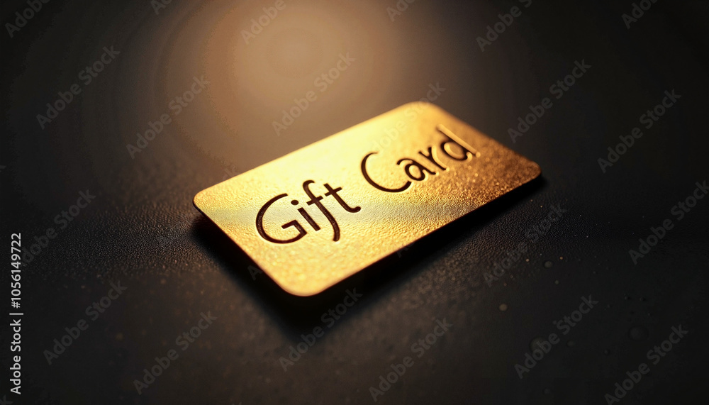 Golden gift card with elegant typography on dark reflective surface Golden gift card with elegant typography on dark reflective surface